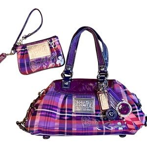Coach Poppy purple tartan plaid convertible shoulder bag / satchel + wristlet